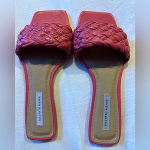 SAKS FIFTH AVE PINK LEATHER BRAIDED FLAT SANDALS.